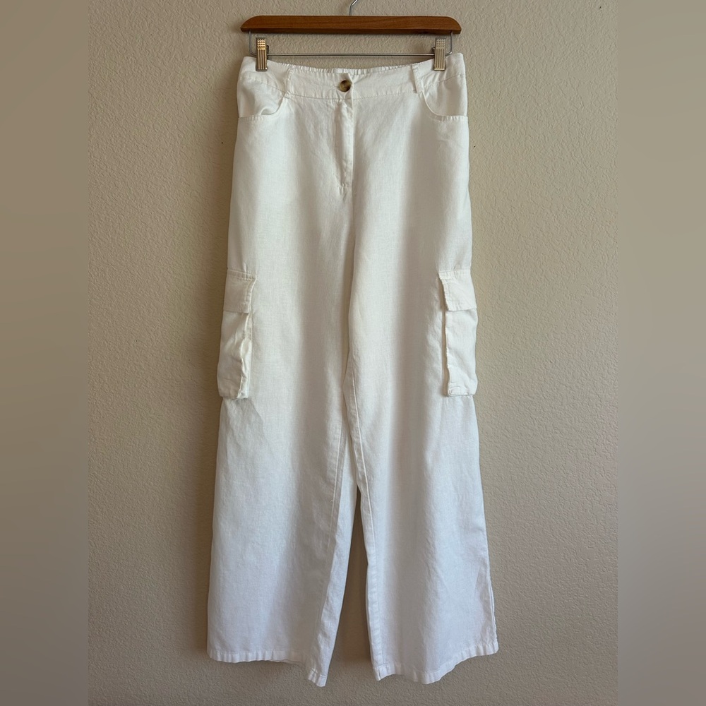 HG Pants Linen Viscose Wide Leg Cargo Women’s M White Resort Coastal Lagenlook
